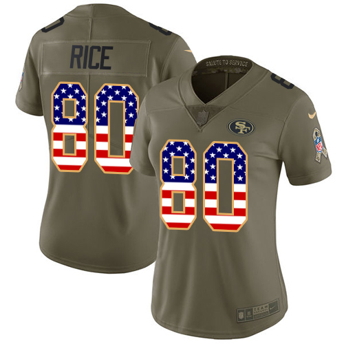 Nike 49ers #80 Jerry Rice Olive/USA Flag Women's Stitched NFL Limited Salute to Service Jersey - Click Image to Close